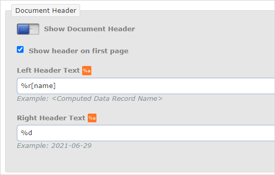 "Document Header" section in the PDF editor